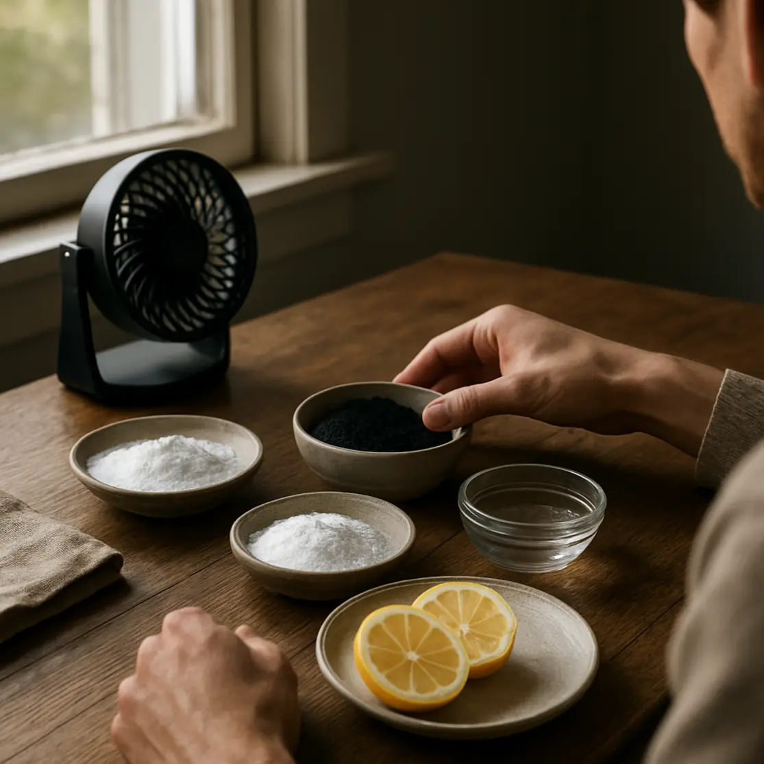 Mãos organizando tigelas com carvão, bicarbonato e vinagre na mesa perto da janela, com um ventilador orientado para fora.