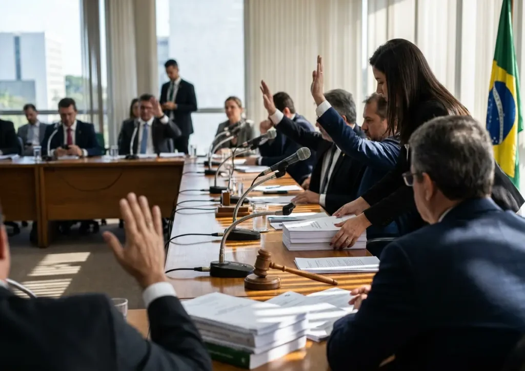 Mesa de comissão com mãos levantadas votando e relatório sobre a mesa no plenário de Brasília