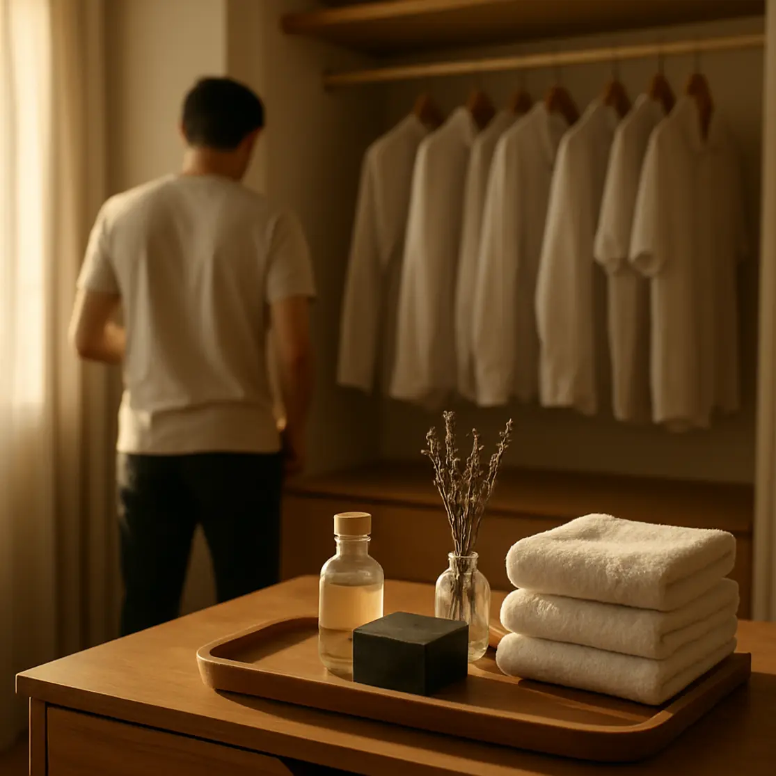 Cena ambiental de closet com produtos naturais e pessoa de costas colocando camiseta, luz morna do fim de tarde