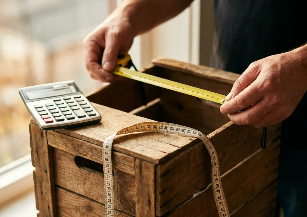 Calcule metro cúbico sem erro e evite desperdício na obra Mãos medindo caixa com trena e calculadora sobre superfície de madeira