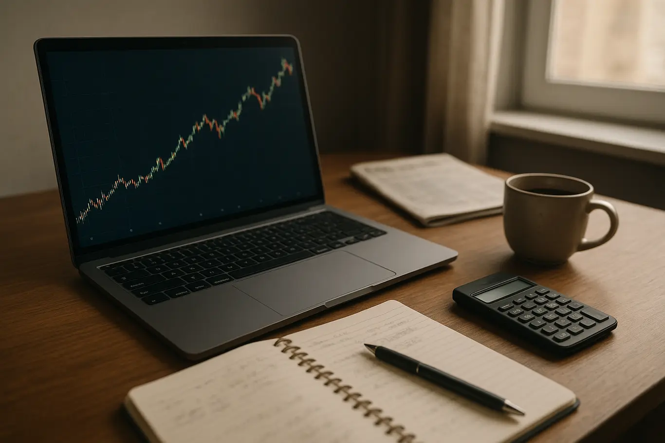 Mesa de trabalho com laptop exibindo gráfico de ações, cenário de análise financeira