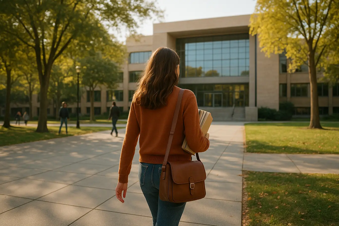 Estudante caminhando em direção ao prédio principal do campus vista por trás