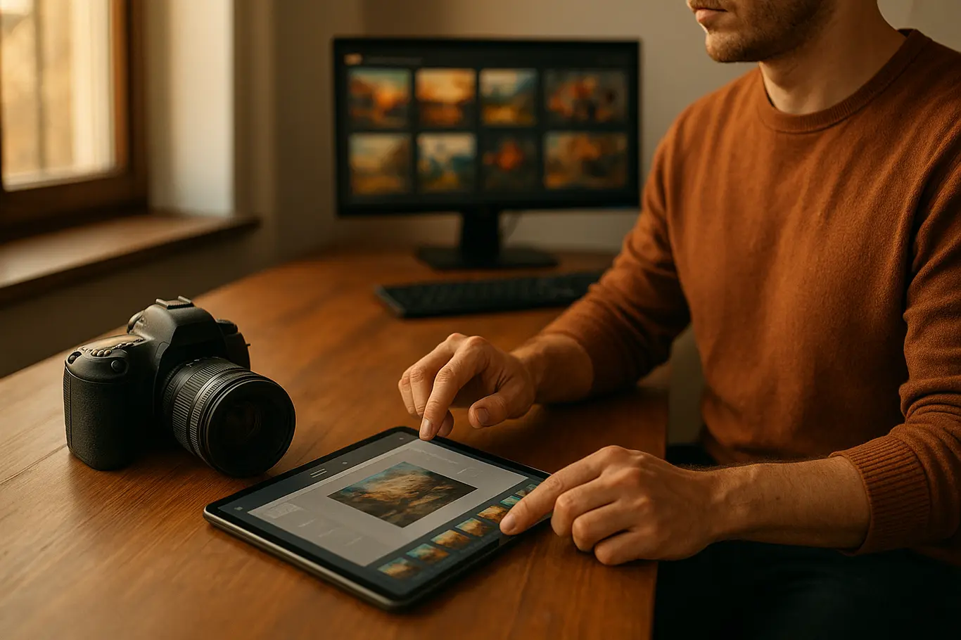 Criador de conteúdo em três quartos trabalhando com câmera e tablet que mostra interface de geração de imagens, plano médio