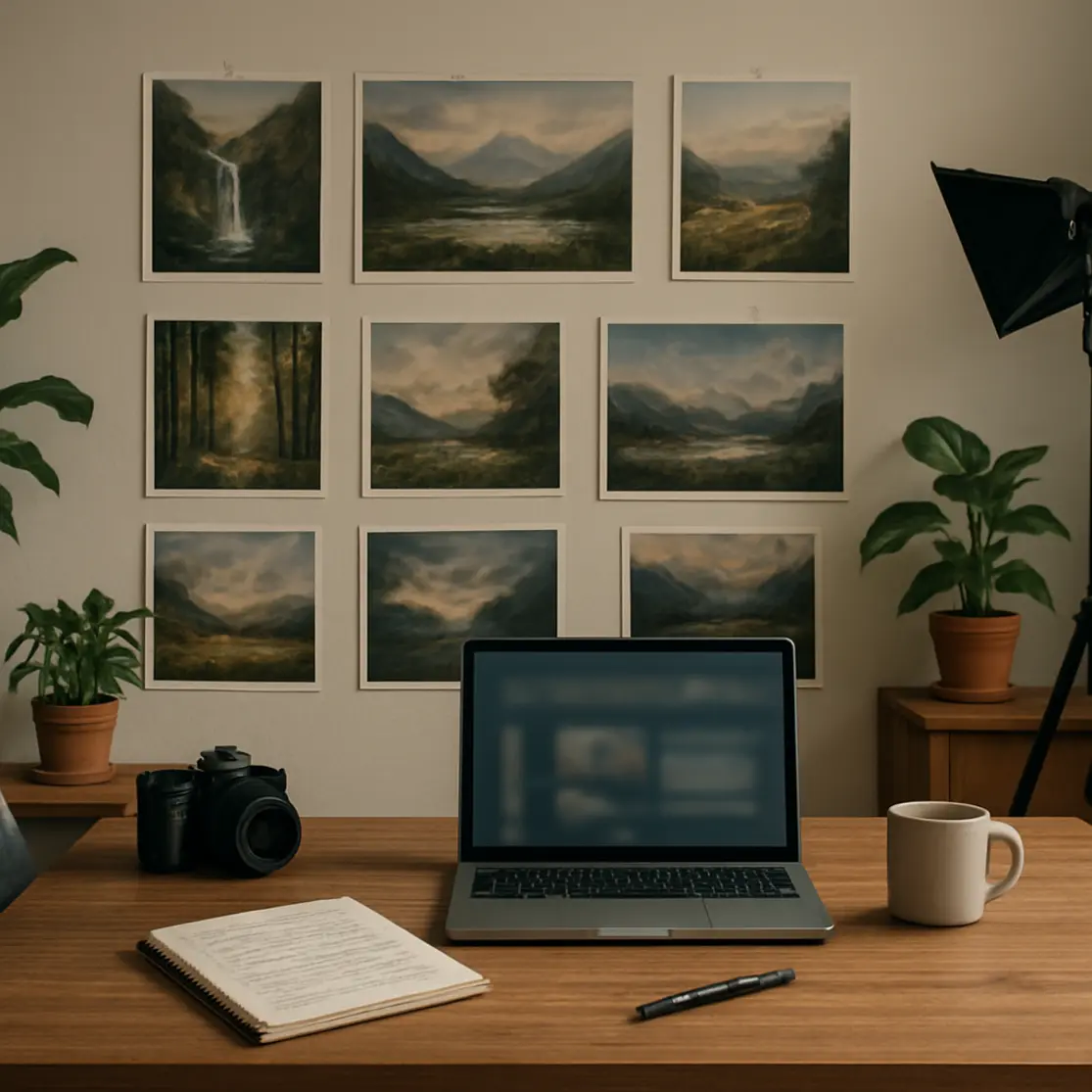 Estúdio doméstico com impressões de imagens geradas por IA, laptop e equipamentos fotográficos, plano aberto