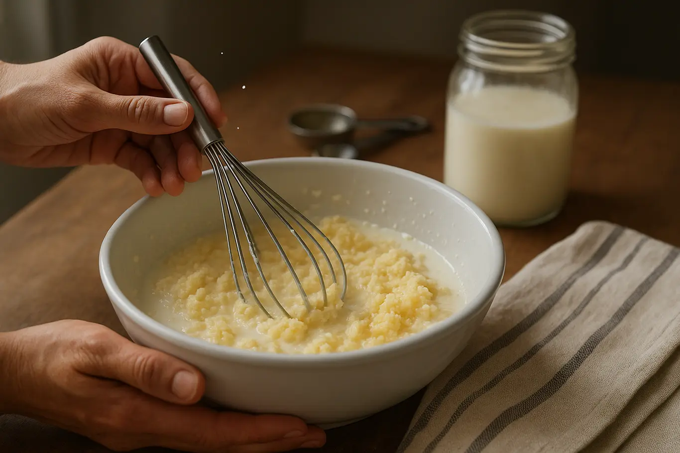 Tigela com creme sendo batido por mãos em 3/4, mostrando separação da manteiga e soro