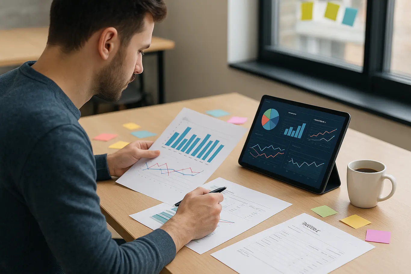Estratégista de anúncios em perfil lateral analisando gráficos e tablet em mesa de coworking