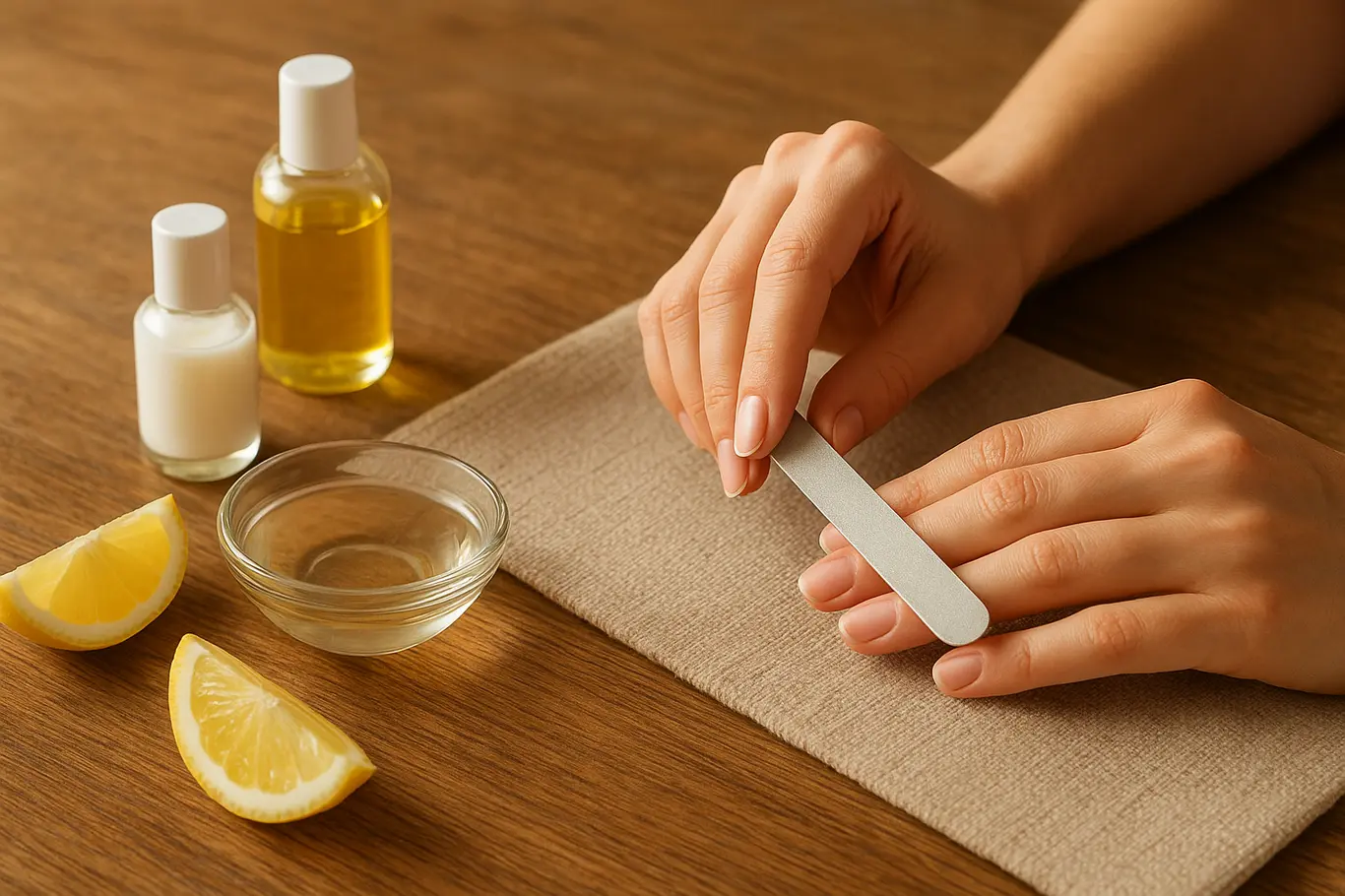 Bancada de manicure caseira com mãos lixando unhas, frascos de óleo e tigela com limão.