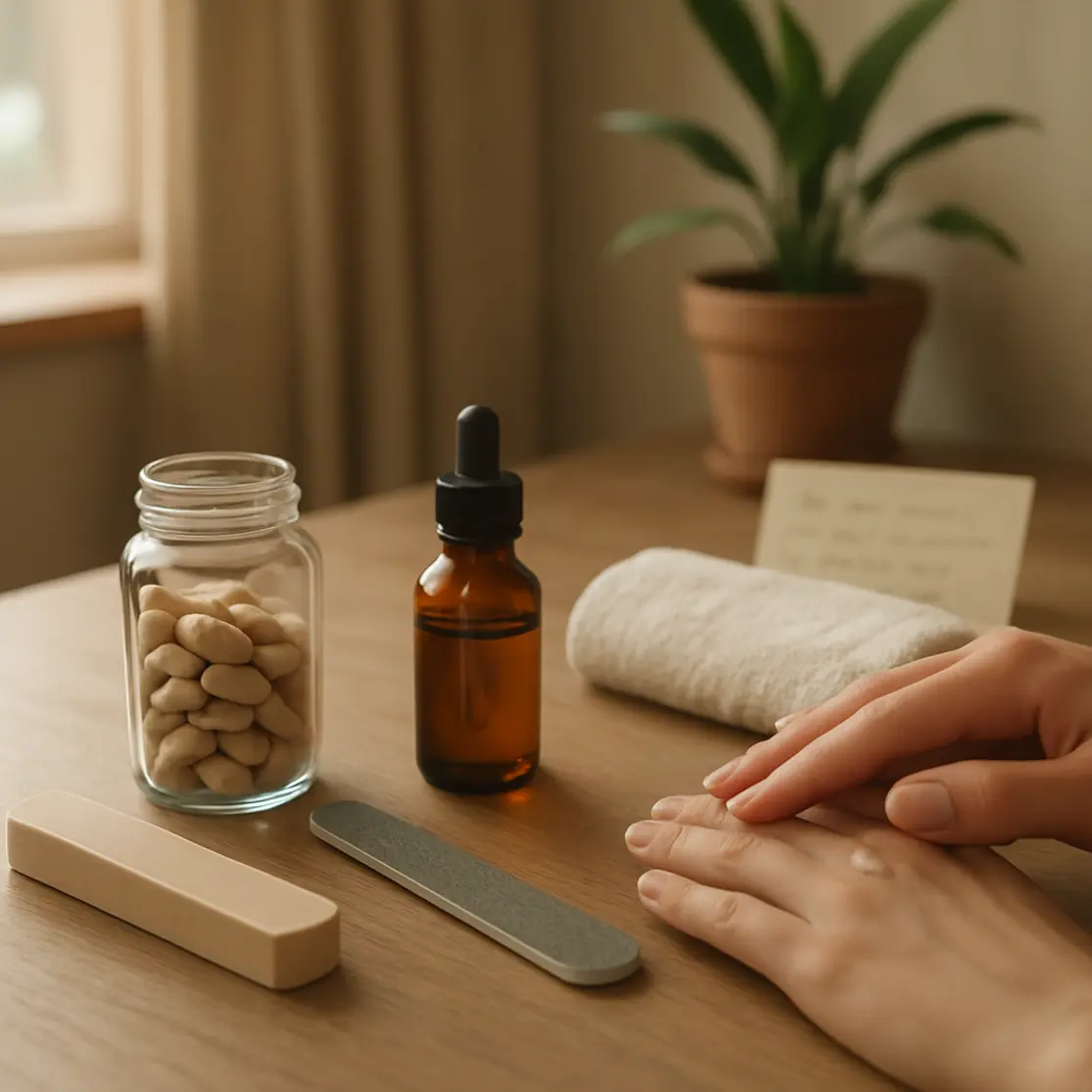 Mesa com kit de fortalecimento de unhas, frascos sem rótulo, toalha e planta em ambiente doméstico iluminado.
