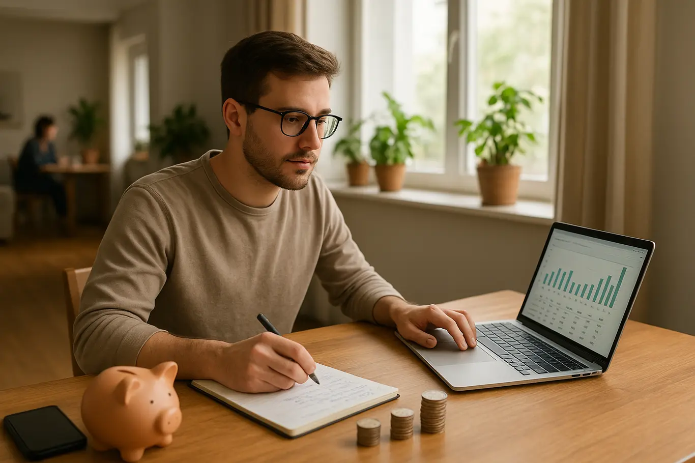 Home office amplo com laptop, cofrinho e notas sobre mesa, jovem ao trabalho