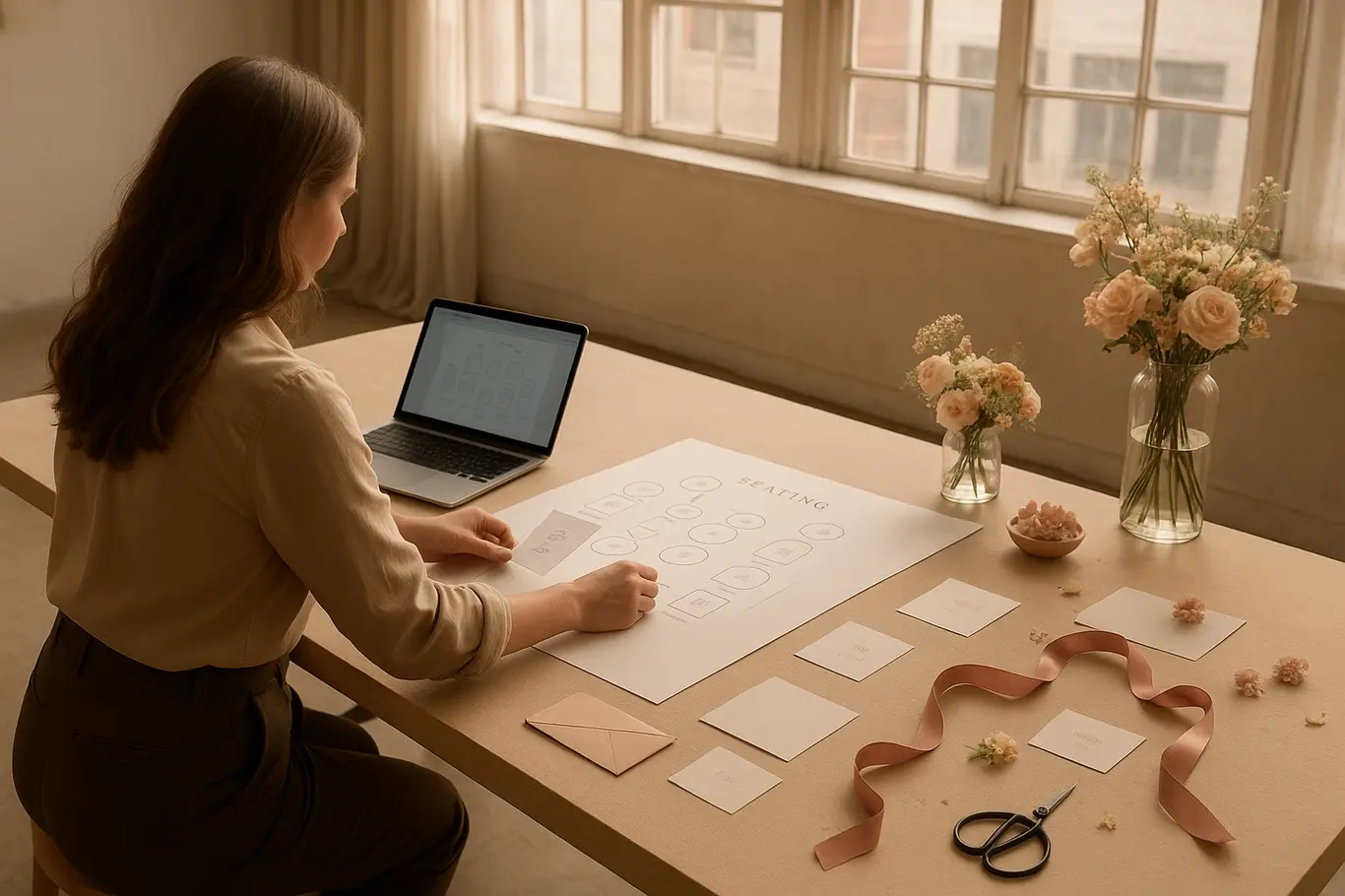 Mesa de trabalho com laptop, mapa de convidados e amostras florais em estúdio de planejamento