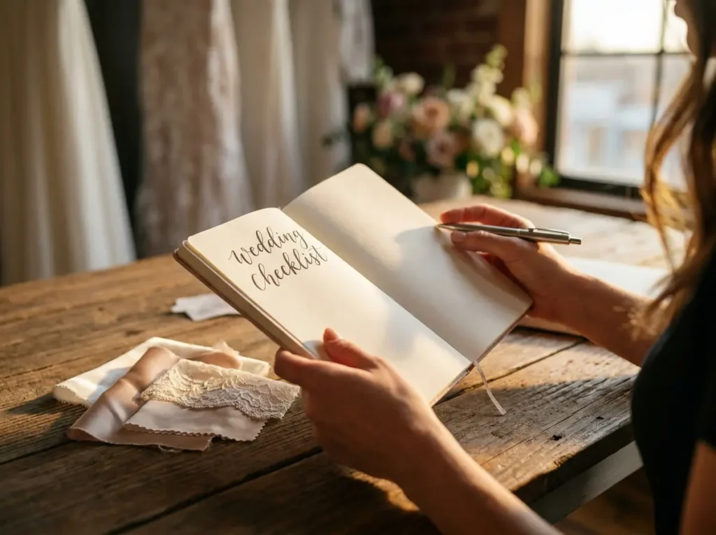 Organizadora de casamento em 3/4 segurando checklist e amostras de tecido sobre mesa