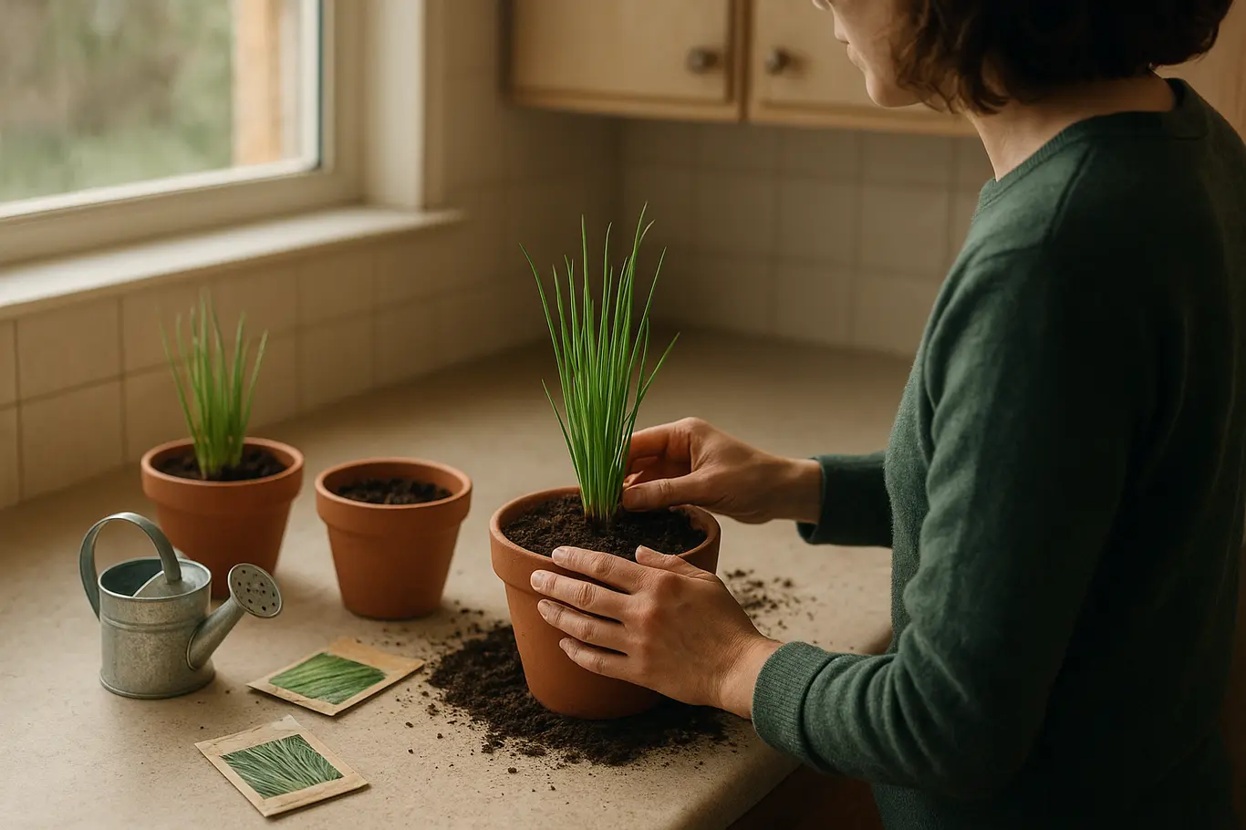 Pessoa em perfil 3/4 plantando cebolinha em vasos na bancada da cozinha, mãos em ação