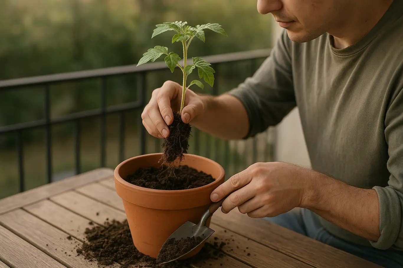 Pessoa em perfil 3/4 transplantando muda de tomate em vaso na varanda, foco nas mãos