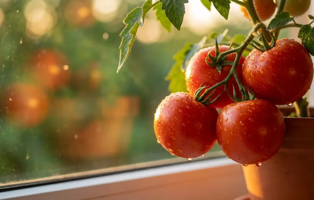Close-up de cacho de tomates maduros em vaso na janela, gotas de água e luz dourada