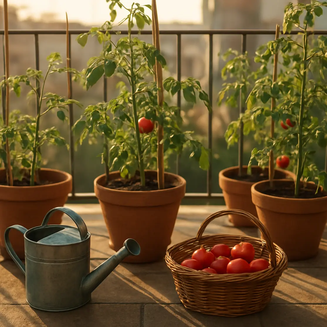Cantinho de horta na varanda com vários vasos de tomate, regador e cesta com frutos