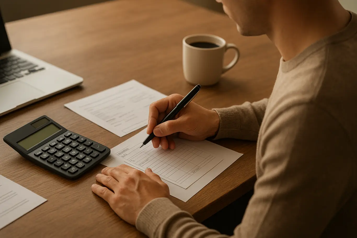 Profissional de lado preenchendo um recibo em mesa com calculadora e laptop, vista meia-distância