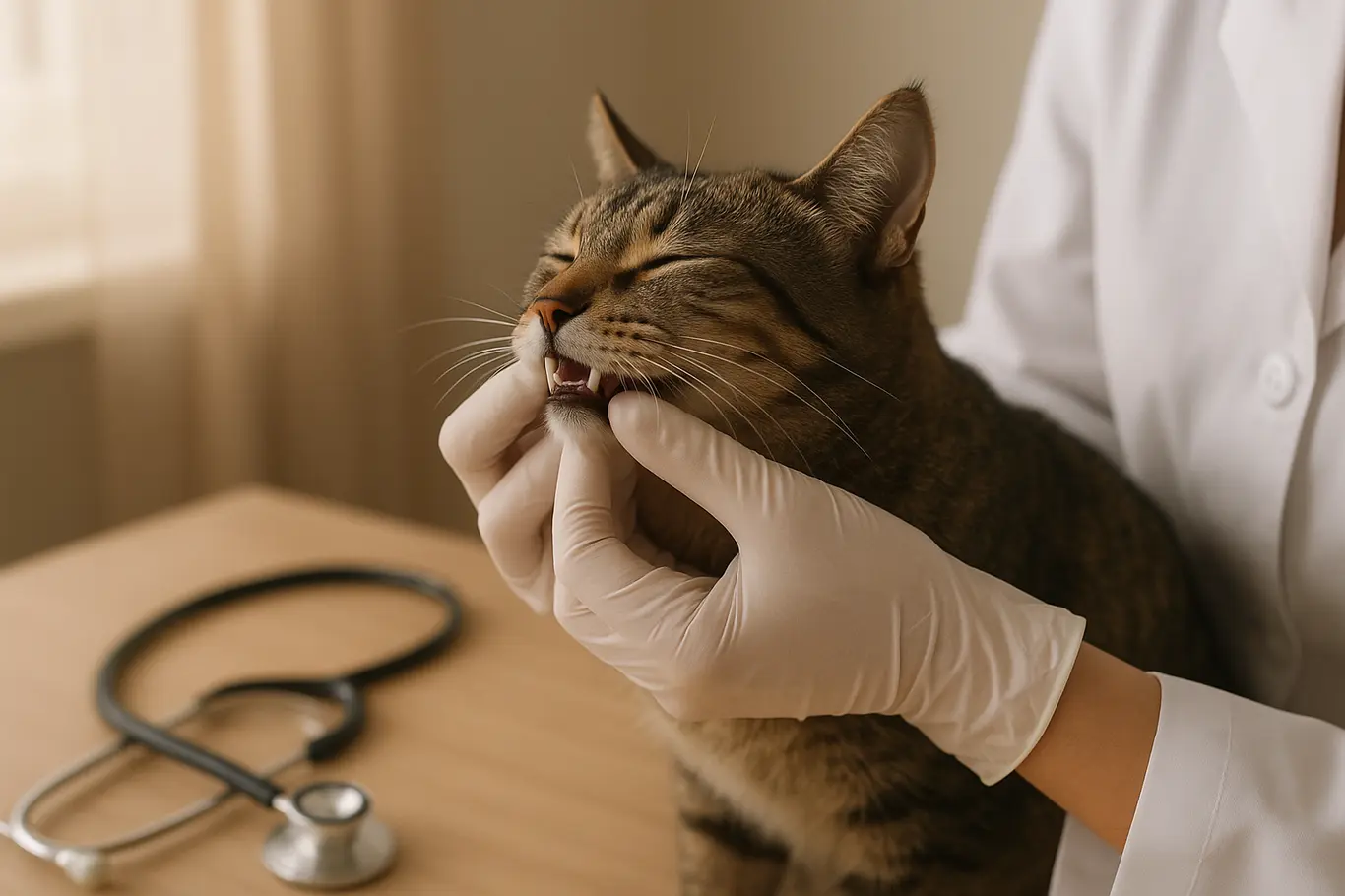 Mãos enluvadas levantando o lábio de um gato para ver os dentes, cena em clínica