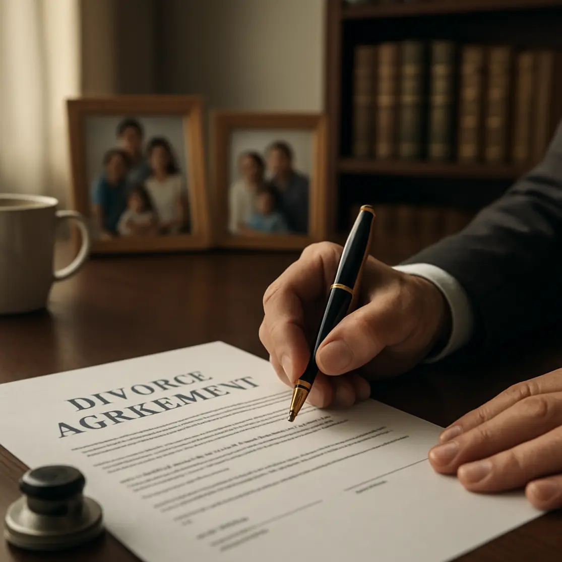 Mão assinando contrato de divórcio em escritório de advogado