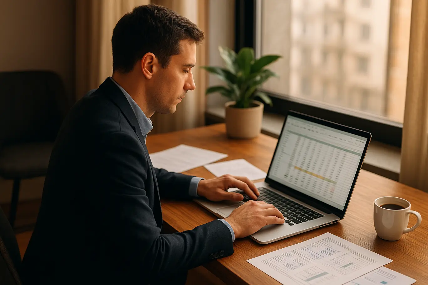Profissional PJ em 3/4 trabalhando no laptop em home office com papéis e café, luz natural.