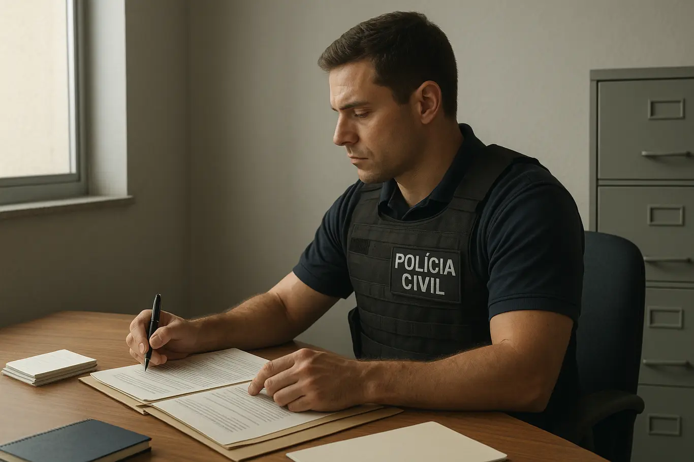 Policial civil em perfil consultando processo sobre mesa na delegacia, vista em plano médio