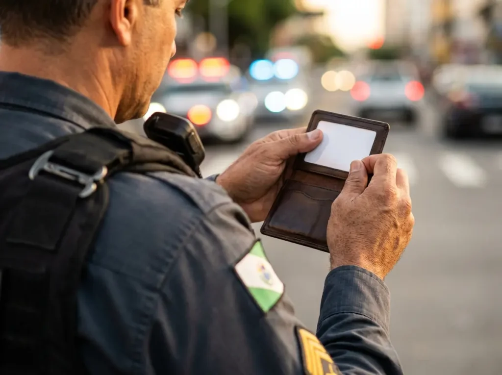 Close-up de policial civil em 3/4 de costas ajustando carteira de identificação, foco nas mãos e no uniforme