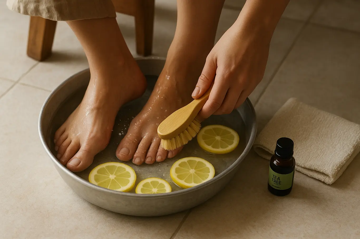 Pessoa com pés numa bacia com água e rodelas de limão, usando óleo essencial e escova para higiene