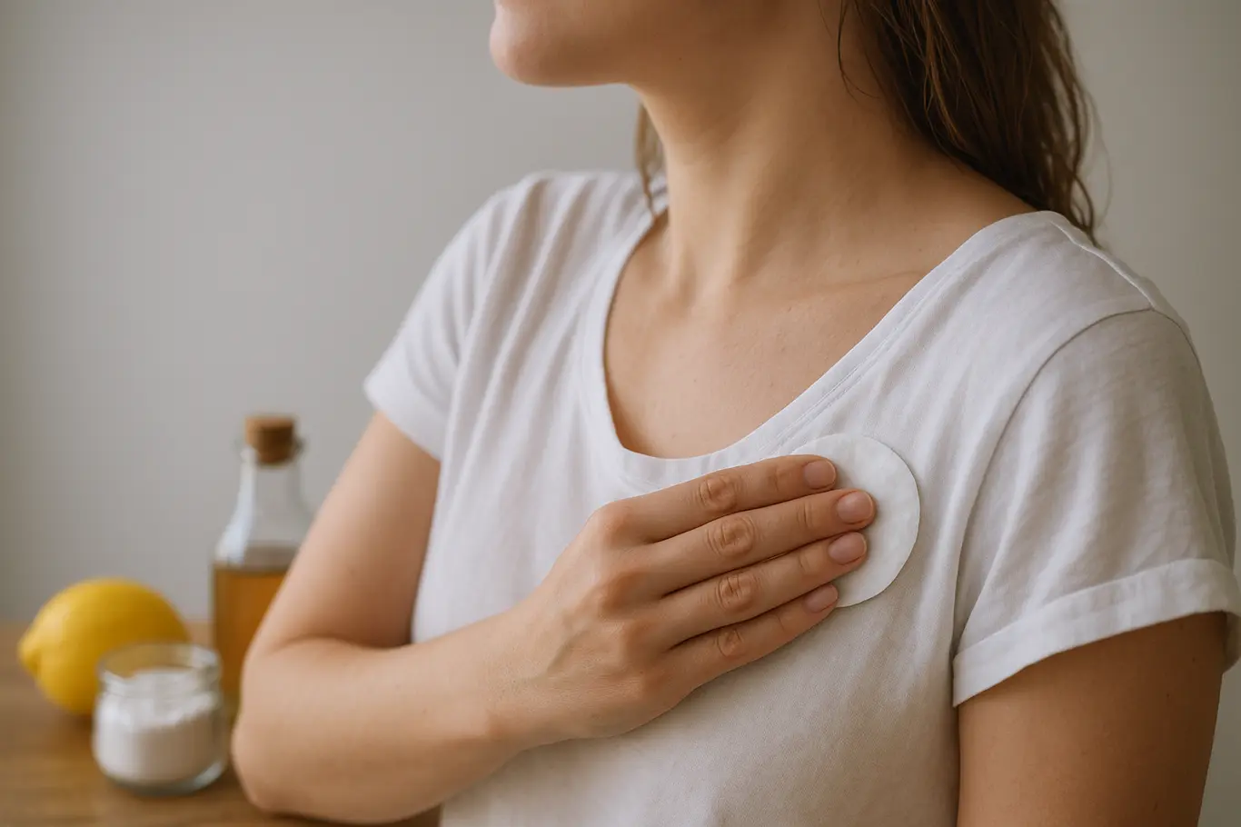 Pessoa de perfil aplicando compressa na axila com ingredientes naturais ao lado, sem rosto visível