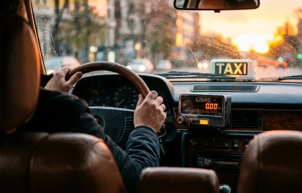 Mãos de motorista segurando volante de táxi, com taxímetro e reflexos da cidade ao amanhecer