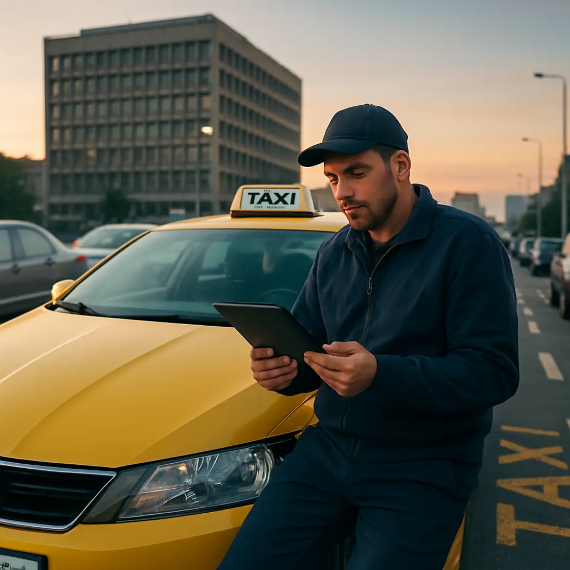 Ponto de táxi ao amanhecer com motorista consultando documentos e tablet encostado no capô