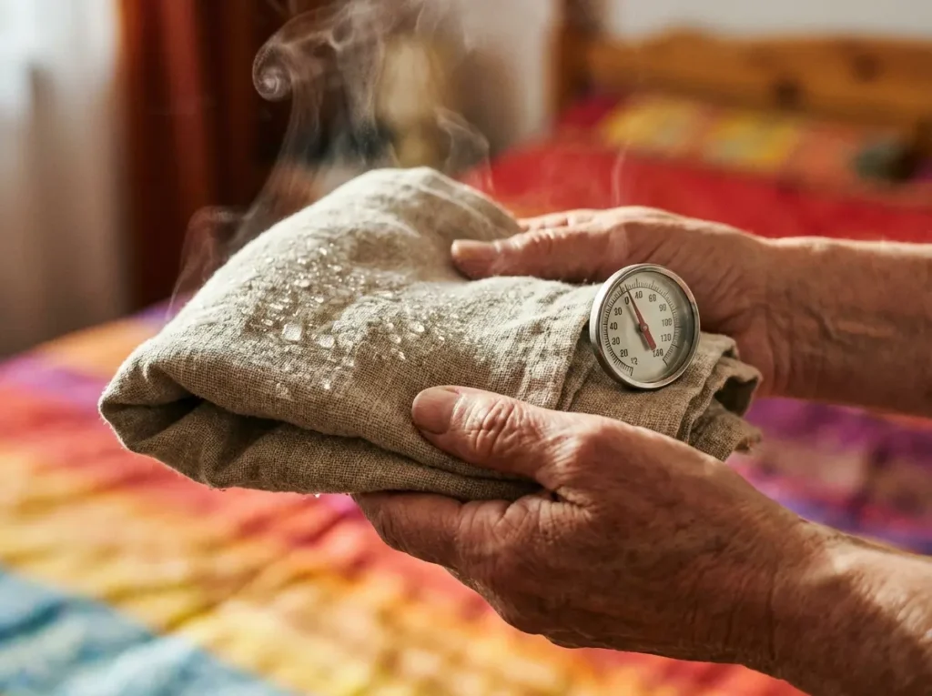 Close-up de mãos segurando compressa quente de linho com vapor e termômetro, fundo desfocado quente
