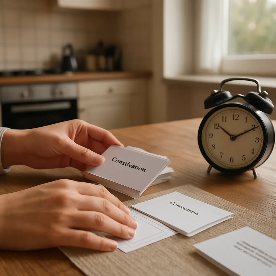 Mesa de cozinha usada como estação de revisão com mãos organizando fichas, mostrando rotina matinal