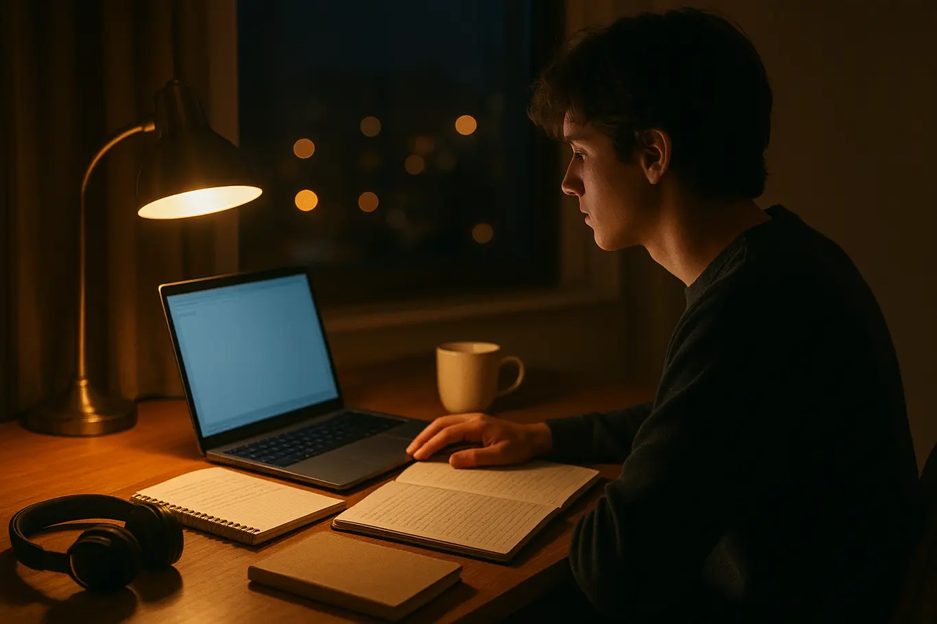 Canto de estudo doméstico com laptop e apostilas à noite, pessoa sentada de lado