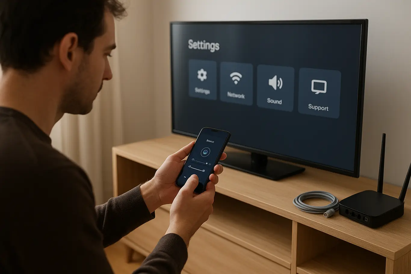 Pessoa de perfil configurando TV com smartphone, roteador ao lado