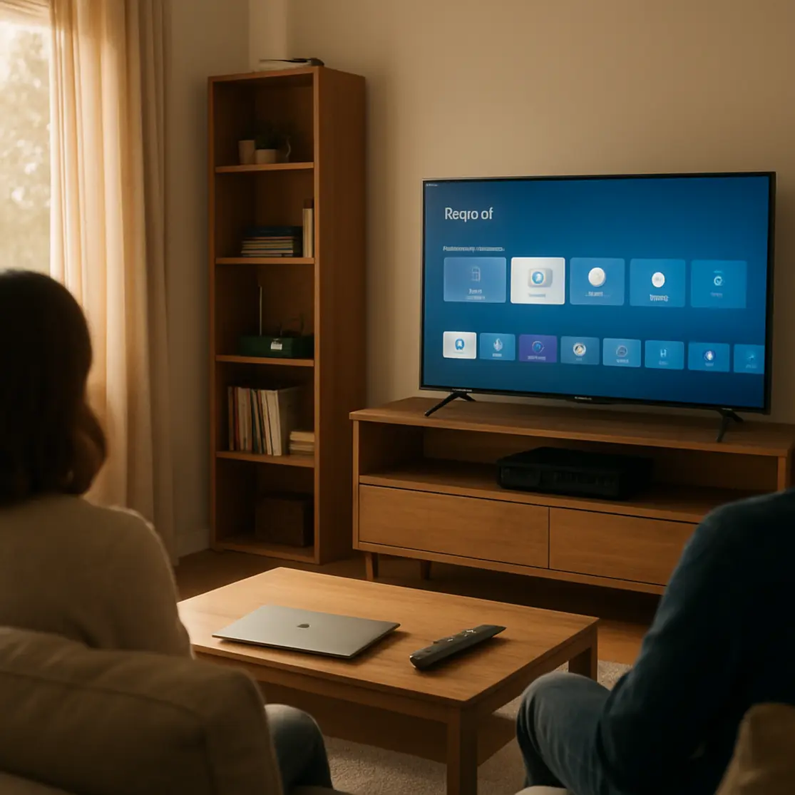 Sala de estar com TV conectada, roteador na estante e pessoas desfocadas