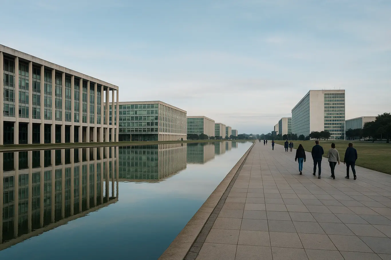 Esplanada dos Ministérios com espelho d'água pela manhã, vista ampla com prédios modernistas e pessoas em perfil