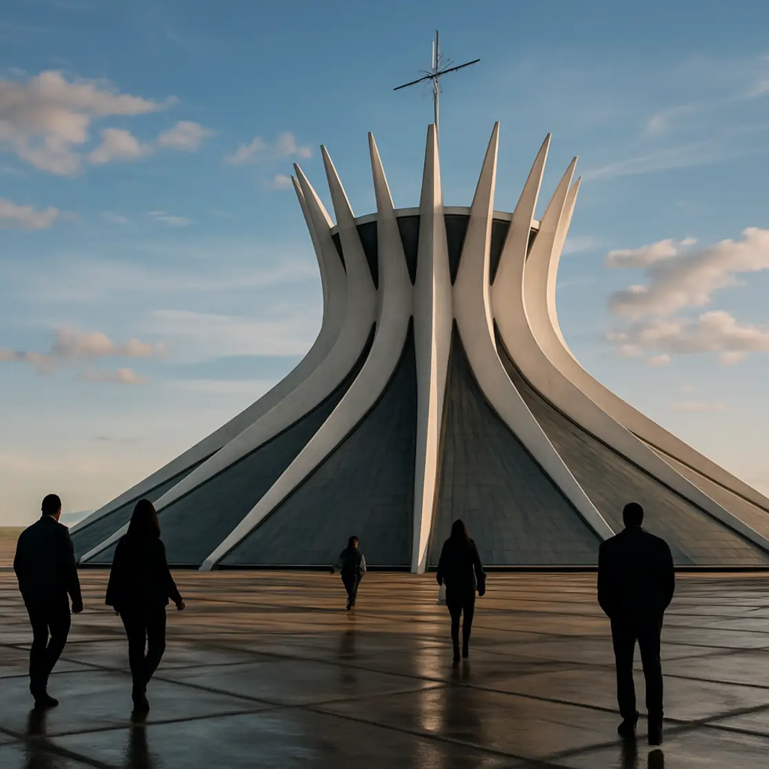 Catedral de Brasília de três quartos com colunas curvas e visitantes em silhueta na praça