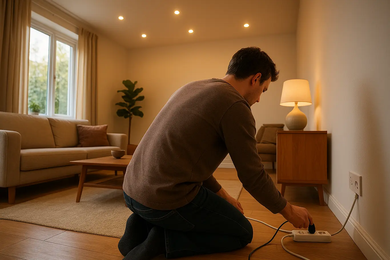 Sala de estar com pessoa desconectando aparelho na régua de energia, luz natural.