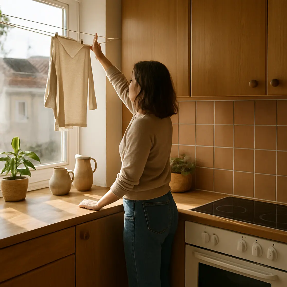 Cozinha com pessoa de perfil pendurando roupas no varal interno, luz natural da manhã.