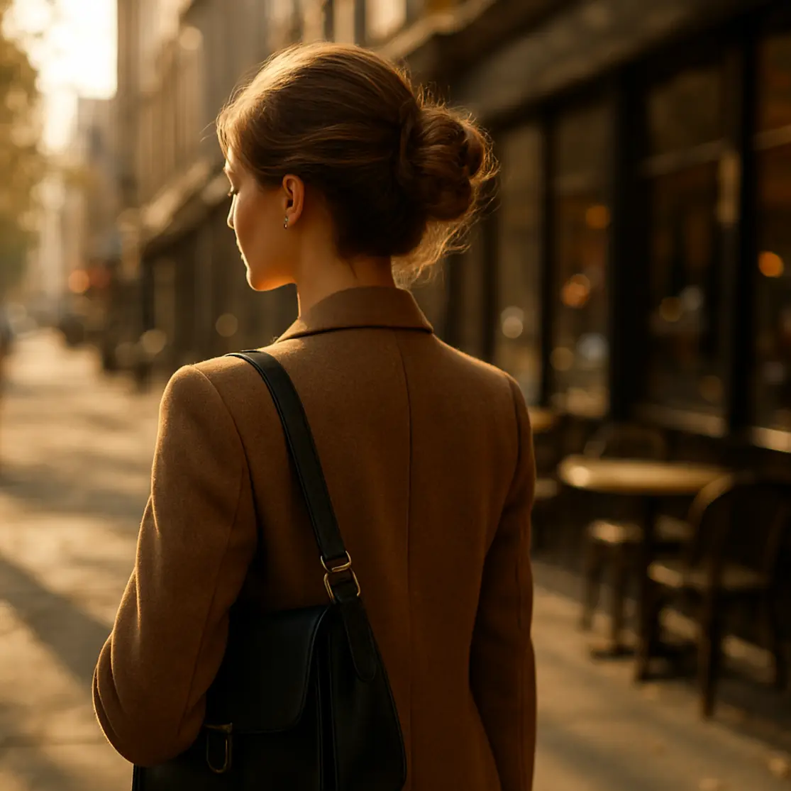 Plano aberto de cena urbana matinal com mulher de costas exibindo coque elegante, cenário de rua e cafés ao fundo.