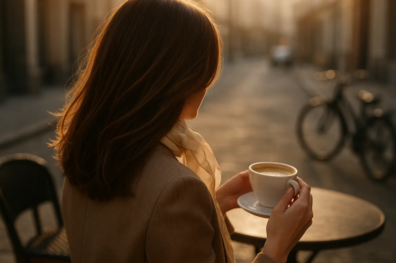 Mulher em café urbano, três quartos de costas, cabelo castanho com reflexos sutis