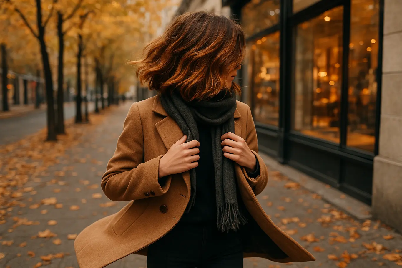 Modelo caminhando em rua outonal com cabelo em tons canela e âmbar, folhas no chão, estilo urbano elegante