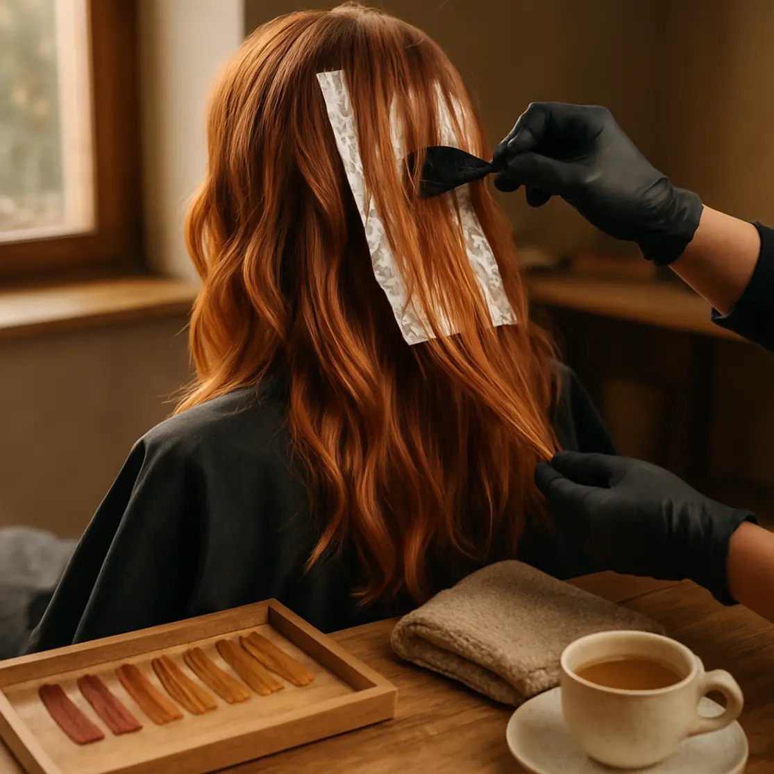 Visão 3/4 da nuca de cliente no salão enquanto colorista aplica mechas cobre e mel, ambiente acolhedor