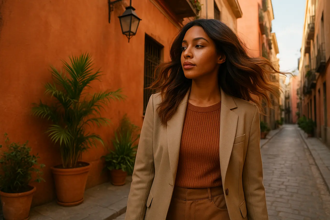 Mulher parda de três quartos com cabelo castanho e mechas acobreadas em rua com paredes terracota