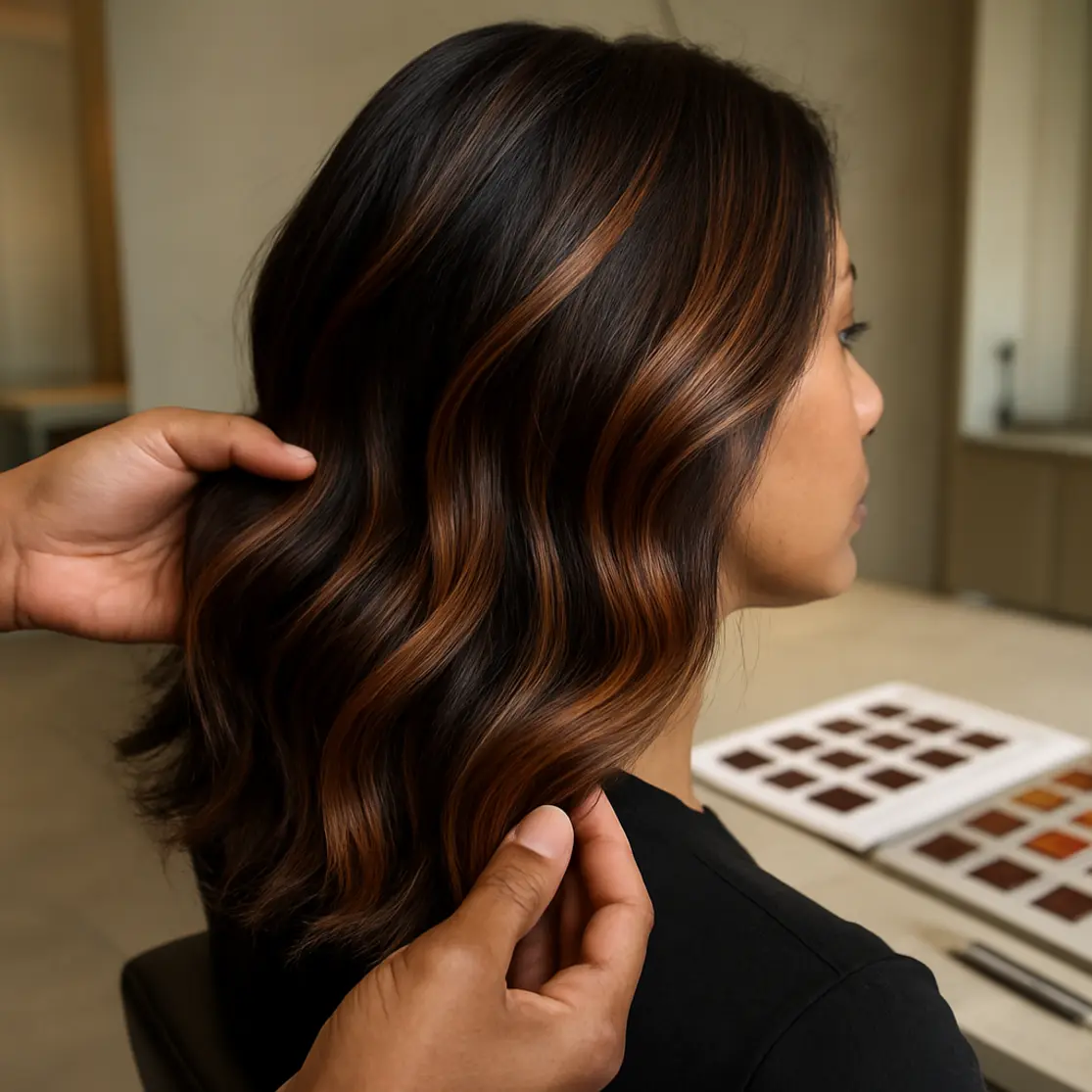 Close-up de mechas pardo-caramelo sendo avaliadas por mãos de uma colorista