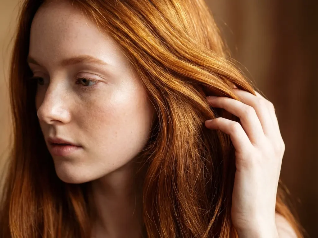 Cores de cabelo para peles claras: escolha a nuance segundo seu subtom Close-up lateral de mulher de pele clara com cabelo cobre-ruivo vibrante tocado pela mão, pele luminosa e fundo desfocado.