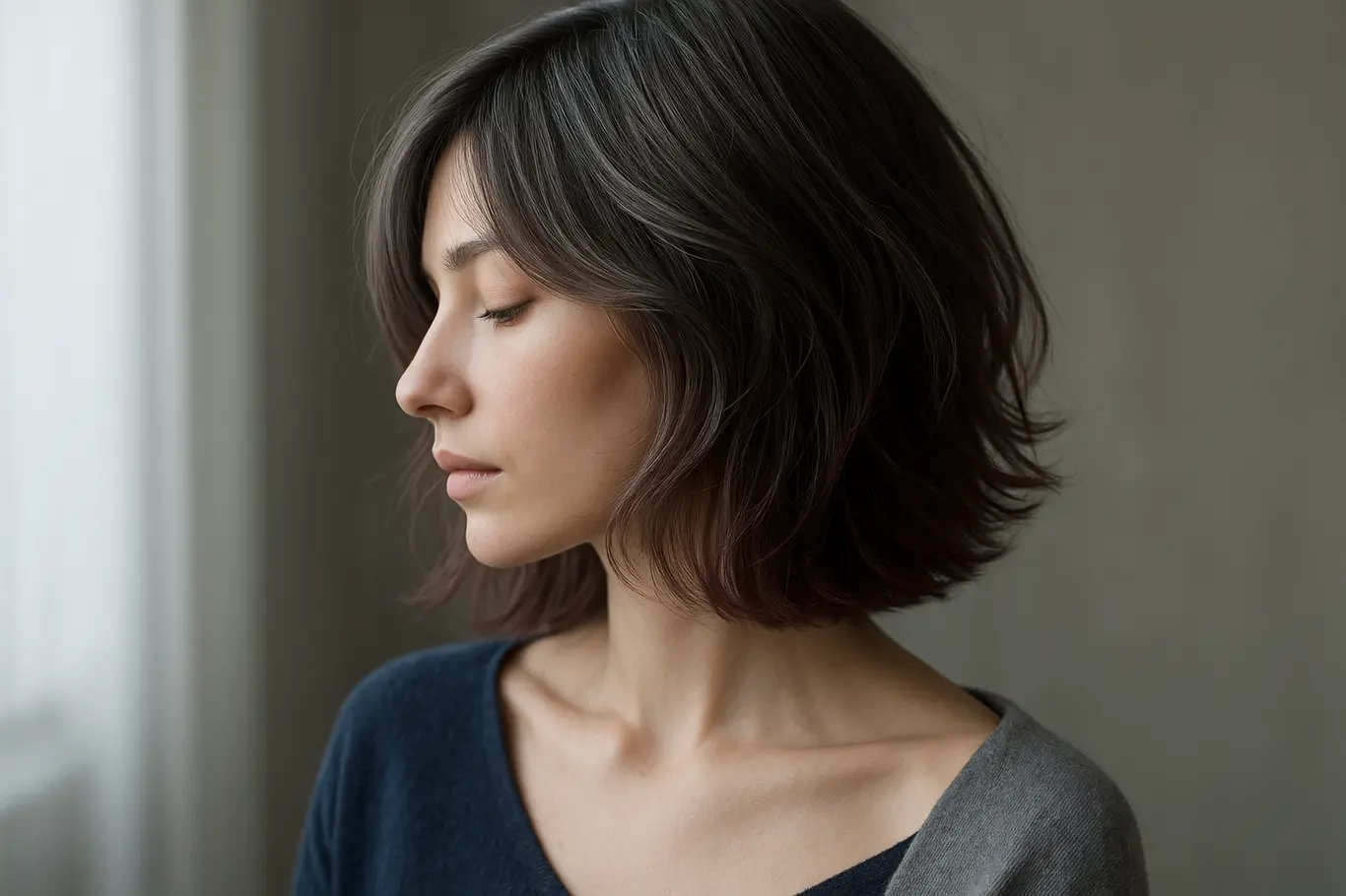 Plano médio perfil de mulher com cabelo castanho frio e reflexos acinzentados, pele fria