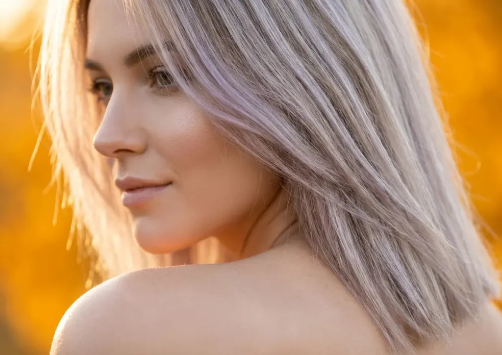 Close-up 3/4 de mulher com cabelo ash blonde e mechas lavanda, pele fria iluminada