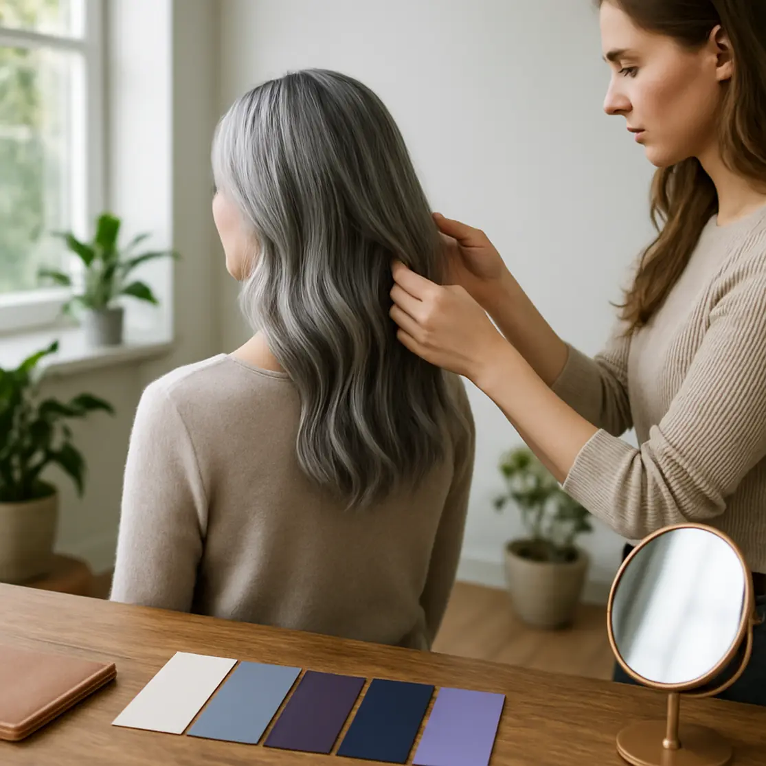 Estúdio com modelo de costas e paleta de amostras de cores frias para cabelo