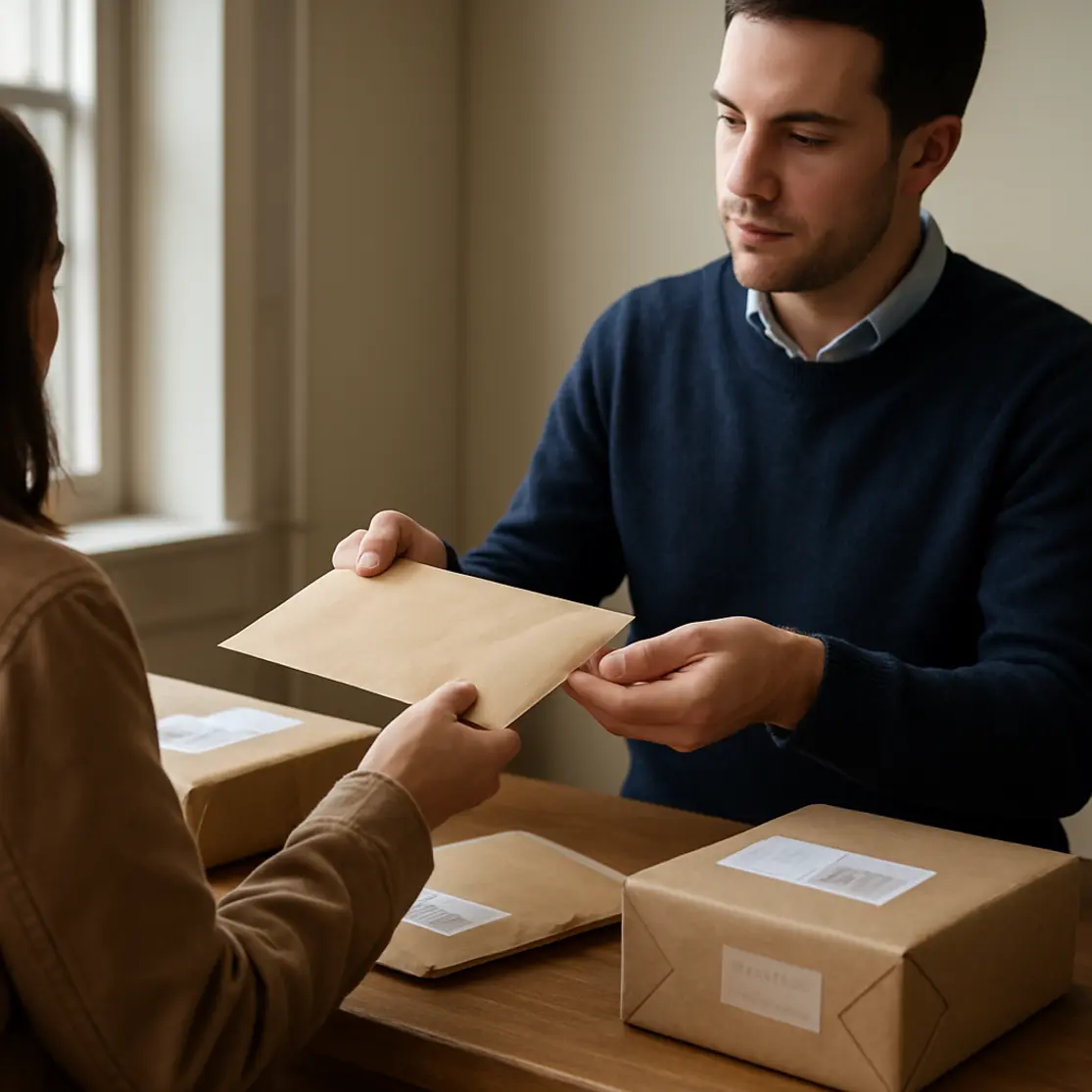 Balcão de atendimento postal com mãos trocando envelope, visão de perfil