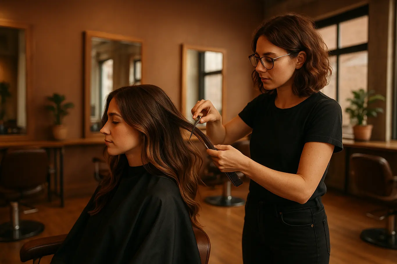 Cena ampla de salão com estilista finalizando corte em mulher de perfil, mostrando movimento do cabelo e ambiente.